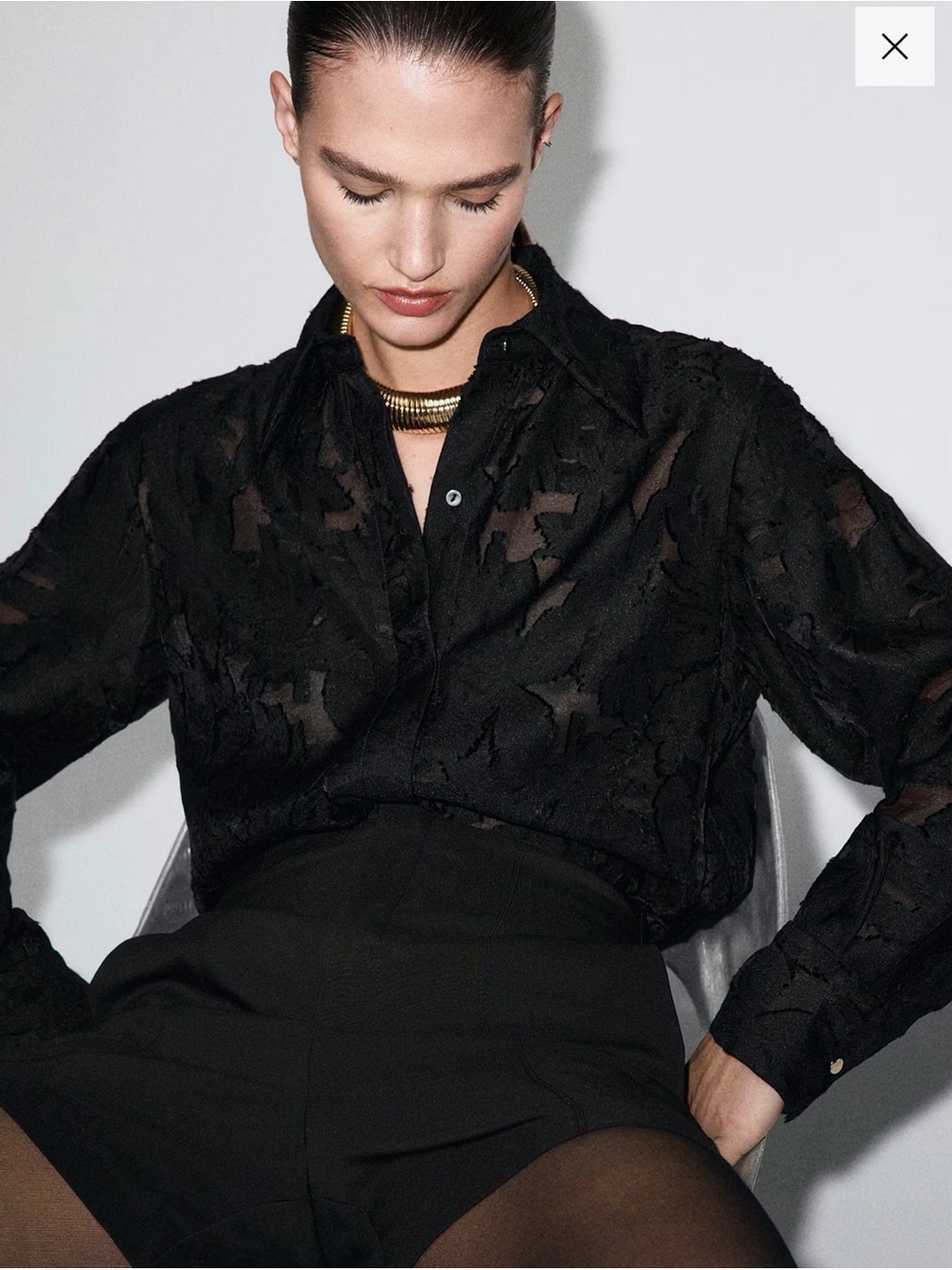 Mango Black Sheer Textured Button-Down Shirt Jacket - Unbranded